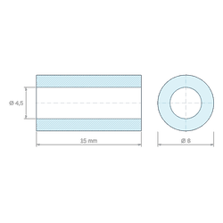 Plan coté 15 mm, Entretoise lisse plastique polycarbonate gris Ø4,5x8mm pour vis M4