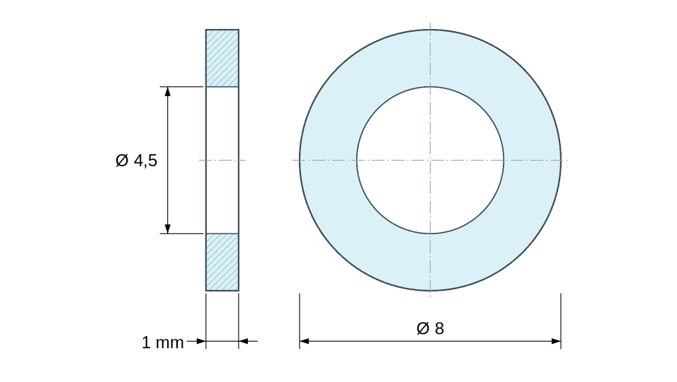 Plan coté entretoise plastique polyamide Ø4,5x8 mm