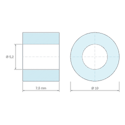 Plan coté 7,5 mm, Entretoise lisse plastique polyamide PA6.6 naturel Ø5,2x10mm pour vis M5