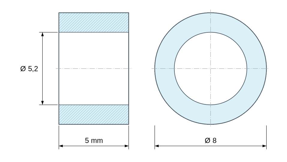 Plan coté entretoise plastique polyamide renforcé Ø5,2x8 mm