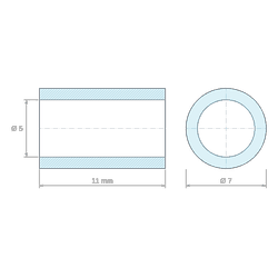 Plan coté 11 mm, Entretoise lisse plastique polyamide PA6 renforcé fibre de verre Ø5x7mm pour vis M5