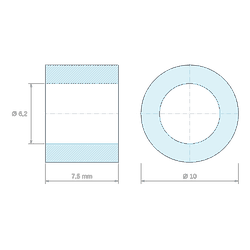 Plan coté 7,5 mm, Entretoise lisse plastique polyamide PA6.6 naturel Ø6,2x10mm pour vis M6