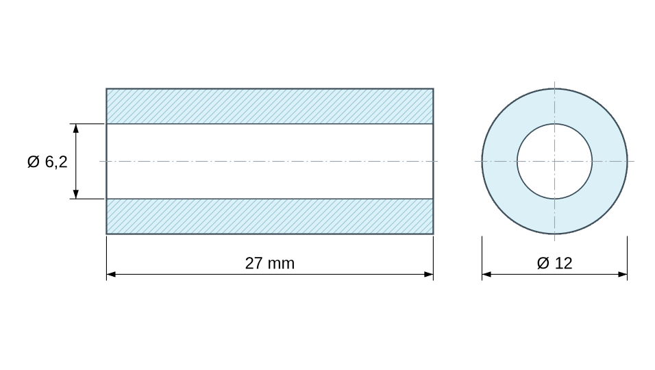 Plan coté entretoise plastique polyamide renforcé naturel Ø6,2x12 mm Plan coté entretoise plastique polyamide renforcé naturel Ø6,2x12 mm