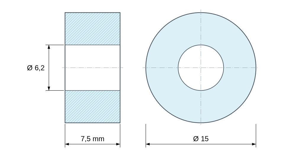 Plan coté Entretoise lisse plastique polyamide PA6.6 naturel Ø6,2x15mm pour vis M6