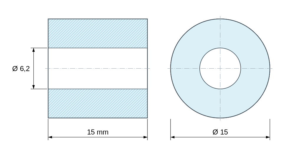 Plan coté Entretoise lisse plastique polyamide PA6.6 naturel Ø6,2x15mm pour vis M6