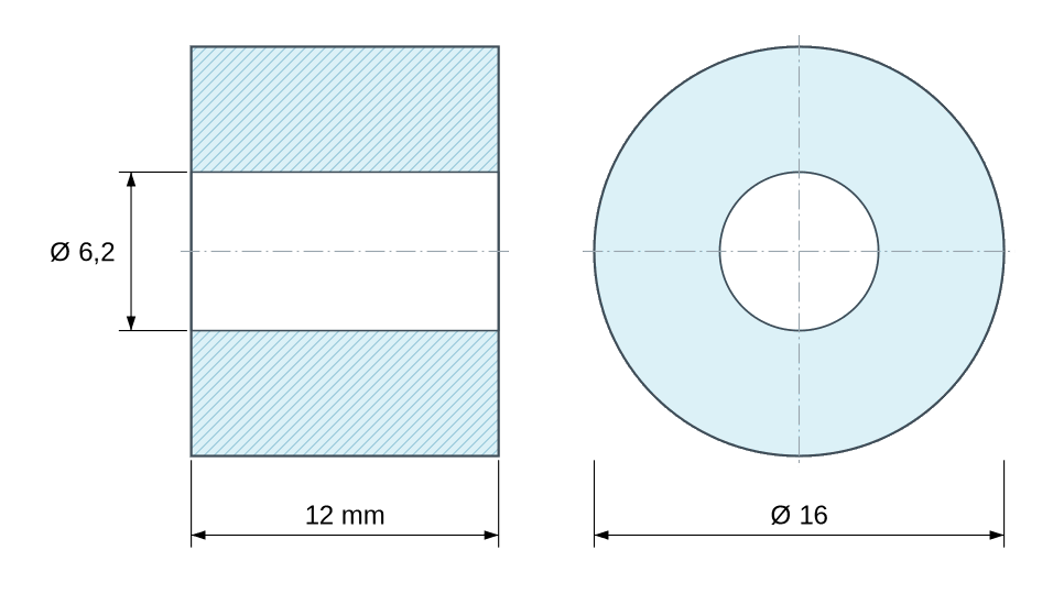 Plan coté Entretoise lisse plastique polyamide PA6 renforcé fibre de verre Ø6,2x16mm pour vis M6 Plan coté Entretoise lisse plastique polyamide PA6 renforcé fibre de verre Ø6,2x16mm pour vis M6