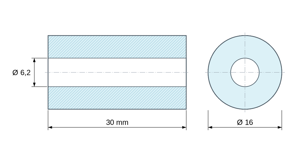 Plan coté Entretoise lisse plastique polyamide PA6 renforcé fibre de verre Ø6,2x16mm pour vis M6