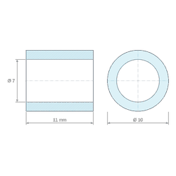 Plan coté 11 mm, Entretoise lisse plastique polyamide PA6 renforcé fibre de verre Ø7x10mm pour vis M6