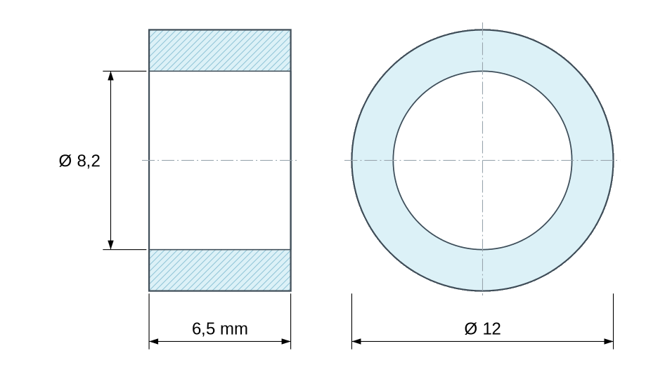 Plan coté entretoise plastique polyamide renforcé blanc Ø8,2x12 mm