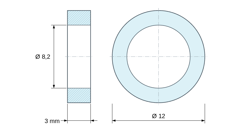 Plan coté entretoise plastique polyamide PA6.6 naturel Ø8,2x12 mm