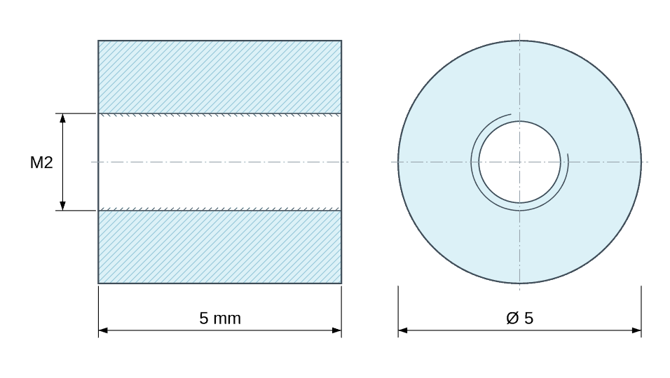Plan coté Entretoise ronde filetée femelle/femelle plastique polyamide PA6 renforcé fibre de verre M2 - Ø5 mm