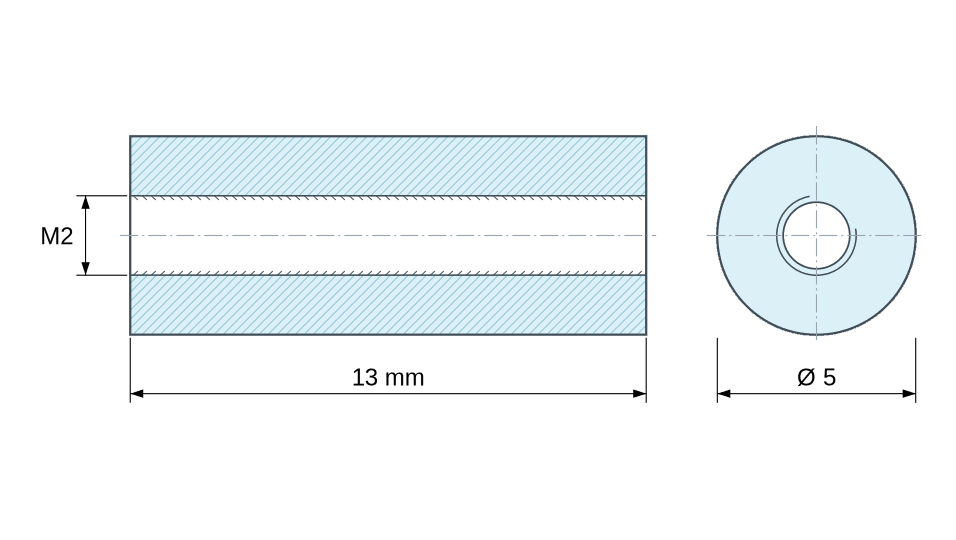 Plan coté Entretoise ronde filetée femelle/femelle plastique polyamide PA6.6 renforcé fibre de verre brun M2 - Ø5 mm