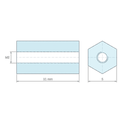 Plan coté 11 mm, Entretoise hexagonale filetée femelle/femelle plastique polyamide PA6 renforcé fibre de verre M2 - 5 mm sur plats
