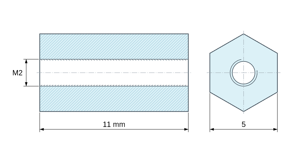 Plan coté Entretoise hexagonale filetée femelle/femelle plastique polyamide PA6 renforcé fibre de verre M2 - 5 mm sur plats