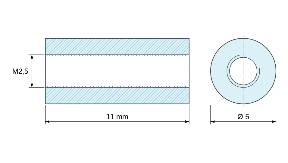 Plan coté Entretoise ronde filetée femelle/femelle plastique polyamide PA6 renforcé fibre de verre noir M2,5 - Ø5 mm