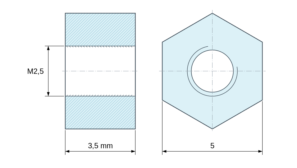 Plan coté Entretoise hexagonale filetée femelle/femelle plastique polyamide PA6 renforcé fibre de verre M2,5 - 5 mm sur plats Plan coté Entretoise hexagonale filetée femelle/femelle plastique polyamide PA6 renforcé fibre de verre M2,5 - 5 mm sur plats