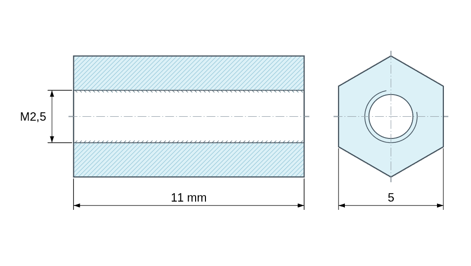 Plan coté Entretoise hexagonale filetée femelle/femelle plastique polyamide PA6 renforcé fibre de verre M2,5 - 5 mm sur plats