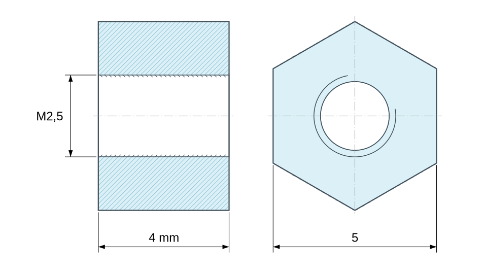 Plan coté Entretoise hexagonale filetée femelle/femelle plastique polyamide PA6.6 renforcé fibre de verre brun M2,5 - 5 mm sur plats