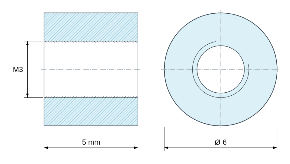 Plan coté Entretoise ronde filetée femelle/femelle plastique polyacétal POM blanc UL94-HB M3 - Ø6 mm