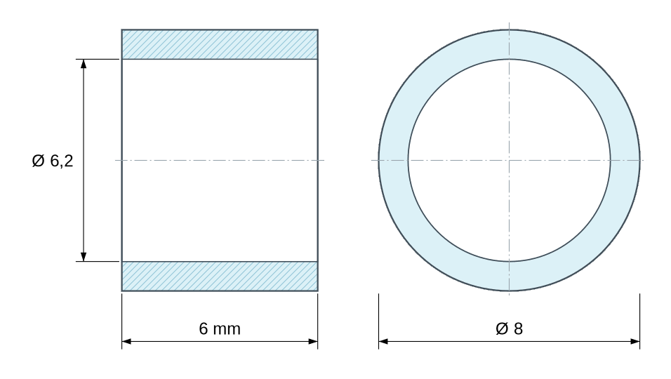 Plan coté Entretoise lisse plastique polyamide PA6 renforcé fibre de verre Ø6,2x8mm pour vis M6