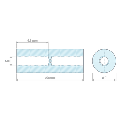 Plan coté 20 mm, Entretoise ronde filetée femelle/femelle plastique polyamide PA6 renforcé fibre de verre UL94-HB M3 - Ø7 mm