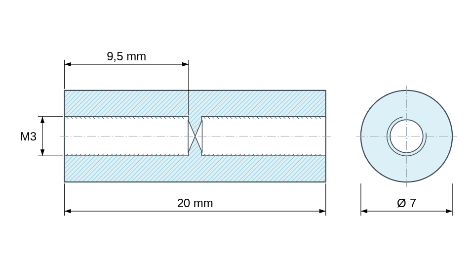 Plan coté Entretoise ronde filetée femelle/femelle plastique polyamide PA6 renforcé fibre de verre UL94-HB M3 - Ø7 mm Plan coté Entretoise ronde filetée femelle/femelle plastique polyamide PA6 renforcé fibre de verre UL94-HB M3 - Ø7 mm