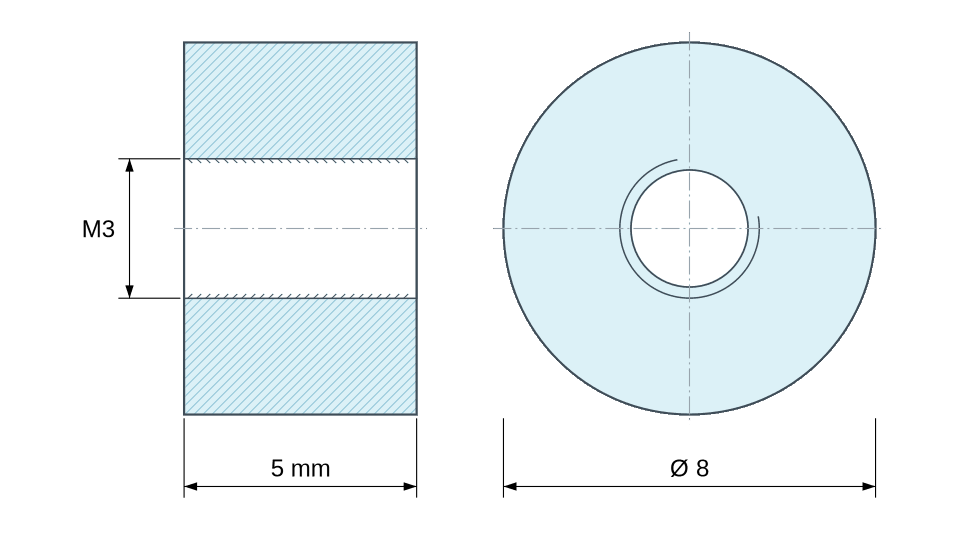 Plan coté Entretoise ronde filetée femelle/femelle plastique polyamide PA6 renforcé fibre de verre UL94-V2 M3 - Ø8 mm