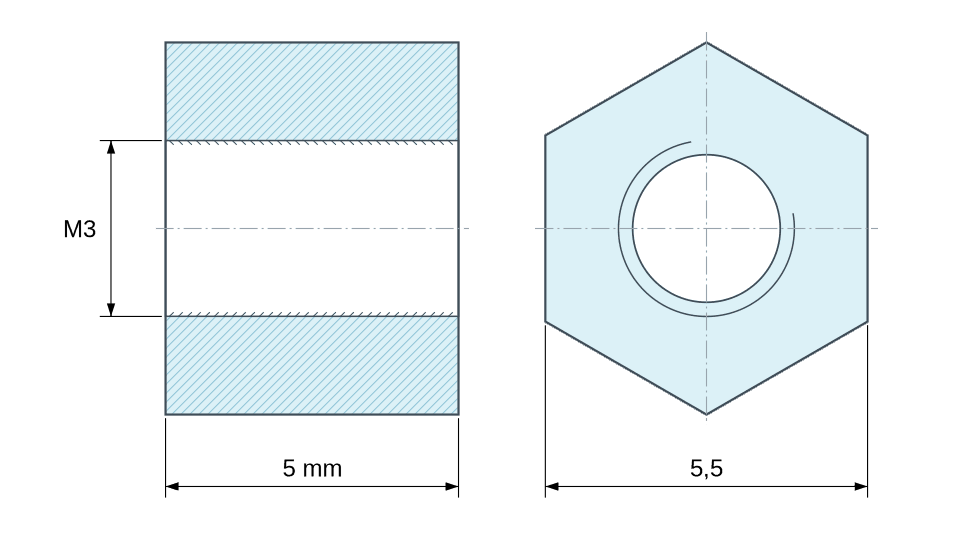 Plan coté Entretoise hexagonale filetée femelle/femelle plastique polyamide PA6 renforcé fibre de verre M3 - 5,5 mm sur plats Plan coté Entretoise hexagonale filetée femelle/femelle plastique polyamide PA6 renforcé fibre de verre M3 - 5,5 mm sur plats