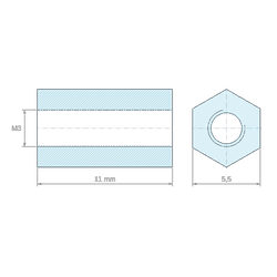 Plan coté 11 mm, Entretoise hexagonale filetée femelle/femelle plastique polyamide PA6 renforcé fibre de verre M3 - 5,5 mm sur plats