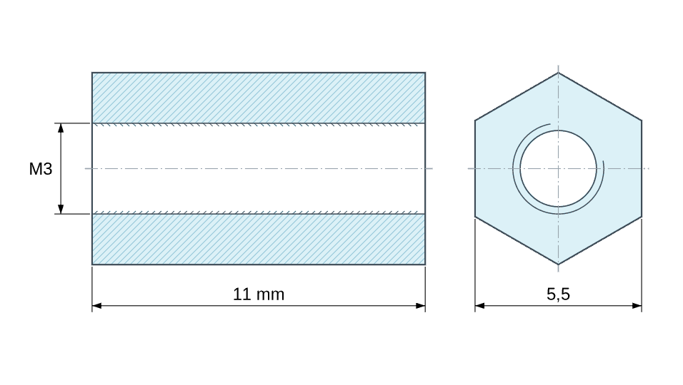 Plan coté Entretoise hexagonale filetée femelle/femelle plastique polyamide PA6 renforcé fibre de verre M3 - 5,5 mm sur plats