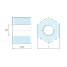 Plan coté 5 mm, Entretoise hexagonale filetée femelle/femelle plastique polyamide PA6 renforcé fibre de verre UL94-HB M3 - 6 mm sur plats