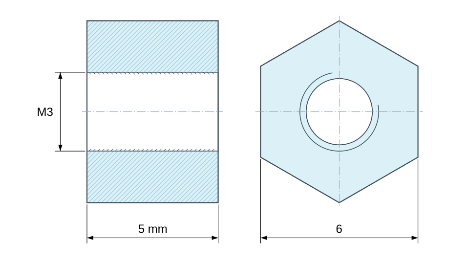 Plan coté Entretoise hexagonale filetée femelle/femelle plastique polyamide PA6 renforcé fibre de verre UL94-HB M3 - 6 mm sur plats Plan coté Entretoise hexagonale filetée femelle/femelle plastique polyamide PA6 renforcé fibre de verre UL94-HB M3 - 6 mm sur plats