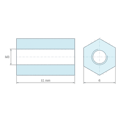 Plan coté 11 mm, Entretoise hexagonale filetée femelle/femelle plastique polyamide PA6 renforcé fibre de verre UL94-HB M3 - 6 mm sur plats