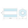 Plan coté 11 mm, Entretoise hexagonale filetée femelle/femelle plastique polyamide PA6 renforcé fibre de verre UL94-HB M3 - 6 mm sur plats
