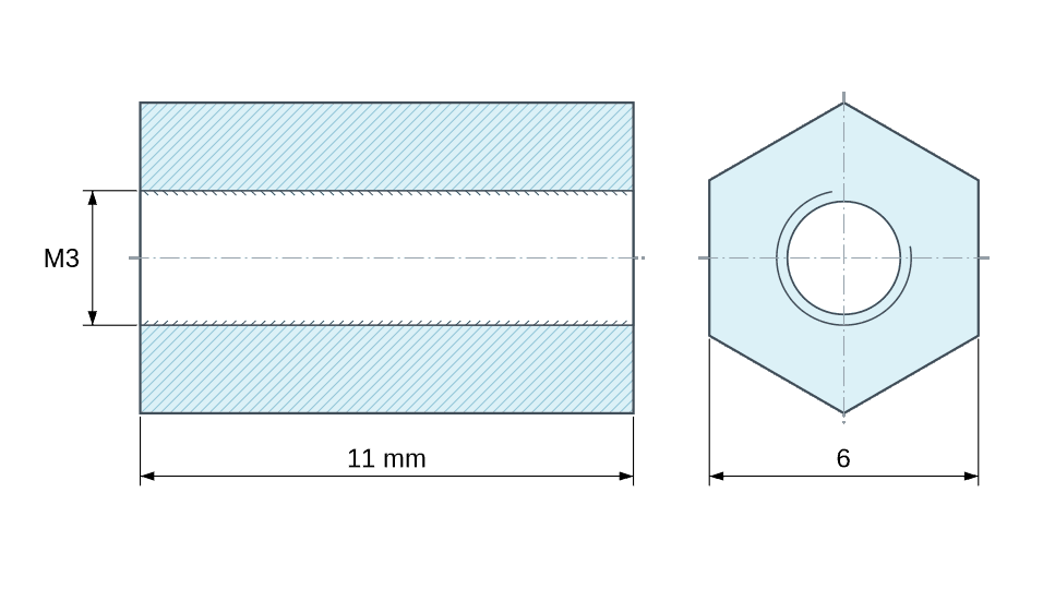 Plan coté Entretoise hexagonale filetée femelle/femelle plastique polyamide PA6.6 renforcé fibre de verre brun M3 - 6 mm sur plats