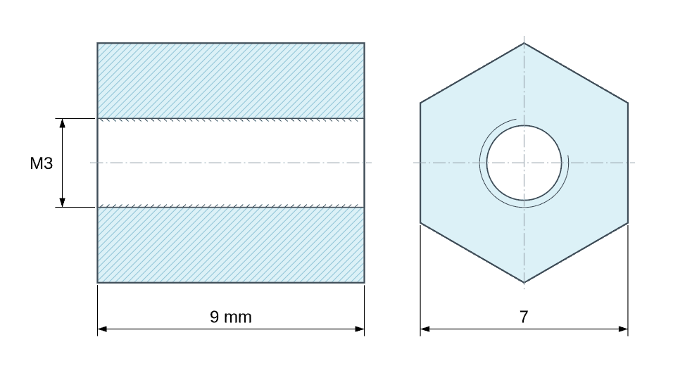 Plan coté Entretoise hexagonale filetée femelle/femelle plastique polyamide PA6 renforcé fibre de verre M3 - 7 mm sur plats Plan coté Entretoise hexagonale filetée femelle/femelle plastique polyamide PA6 renforcé fibre de verre M3 - 7 mm sur plats