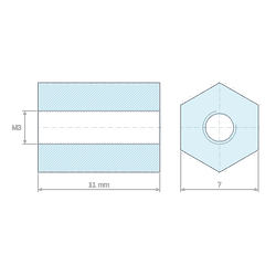 Plan coté 11 mm, Entretoise hexagonale filetée femelle/femelle plastique polyamide PA6 renforcé fibre de verre M3 - 7 mm sur plats