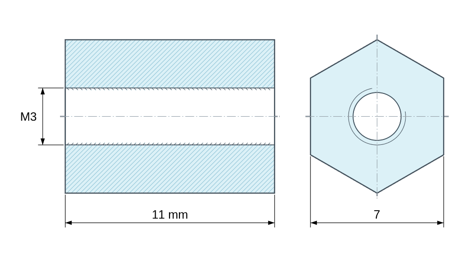 Plan coté Entretoise hexagonale filetée femelle/femelle plastique polyamide PA6 renforcé fibre de verre M3 - 7 mm sur plats