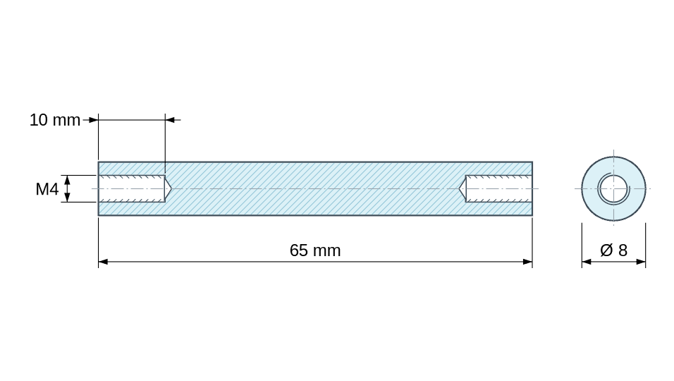Plan coté Entretoise ronde filetée femelle/femelle plastique polyacétal POM blanc M4 - Ø8 mm Plan coté Entretoise ronde filetée femelle/femelle plastique polyacétal POM blanc M4 - Ø8 mm