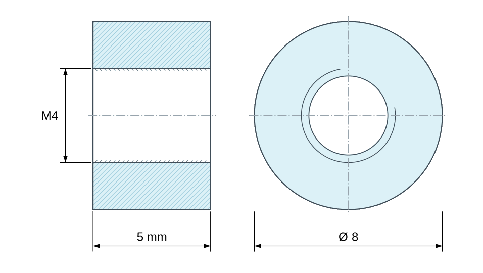 Plan coté Entretoise ronde filetée femelle/femelle plastique polyacétal POM naturel UL94-HB M4 - Ø8 mm