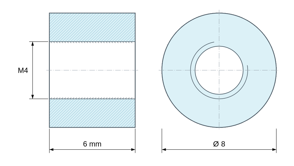 Plan coté Entretoise ronde filetée femelle/femelle plastique polyamide PA6 renforcé fibre de verre noir M4 - Ø8 mm