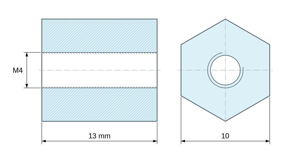 Plan coté Entretoise hexagonale filetée femelle/femelle plastique polyamide PA6 renforcé fibre de verre M4 - 10 mm sur plats Plan coté Entretoise hexagonale filetée femelle/femelle plastique polyamide PA6 renforcé fibre de verre M4 - 10 mm sur plats