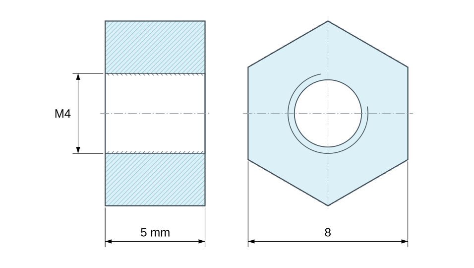 Plan coté Entretoise hexagonale filetée femelle/femelle plastique polyamide PA6 renforcé fibre de verre M4 - 8 mm sur plats