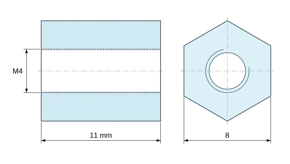 Plan coté Entretoise hexagonale filetée femelle/femelle plastique polyamide PA6 renforcé fibre de verre M4 - 8 mm sur plats