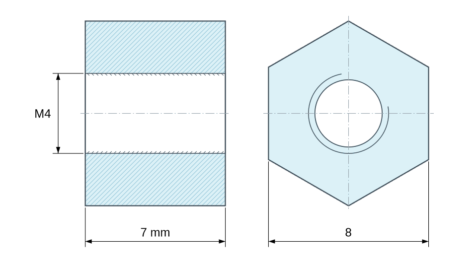 Plan coté Entretoise hexagonale filetée femelle/femelle plastique polyamide PA6.6 renforcé fibre de verre brun M4 - 8 mm sur plats