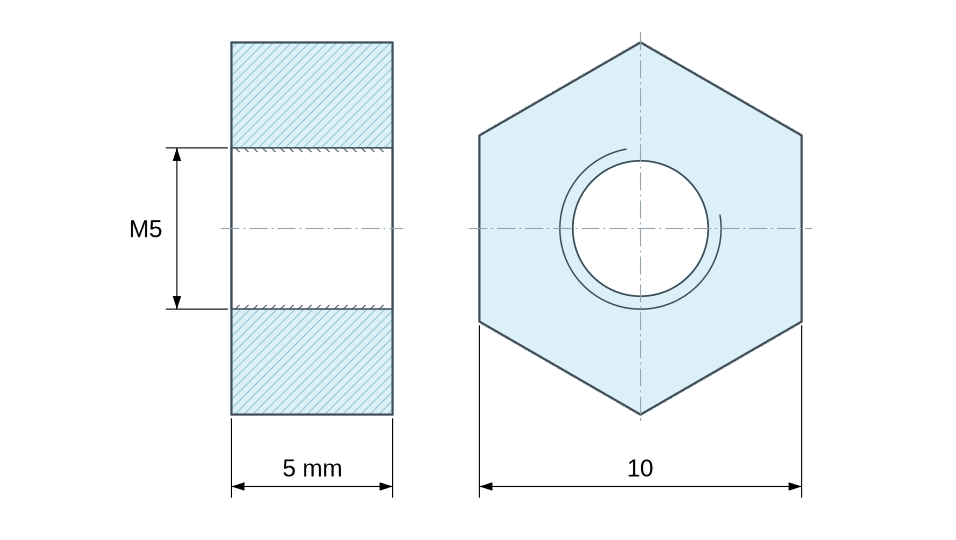 Plan coté Entretoise hexagonale filetée femelle/femelle plastique polyamide PA6 renforcé fibre de verre M5 - 10 mm sur plats