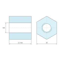 Plan coté 11 mm, Entretoise hexagonale filetée femelle/femelle plastique polyamide PA6 renforcé fibre de verre M5 - 10 mm sur plats
