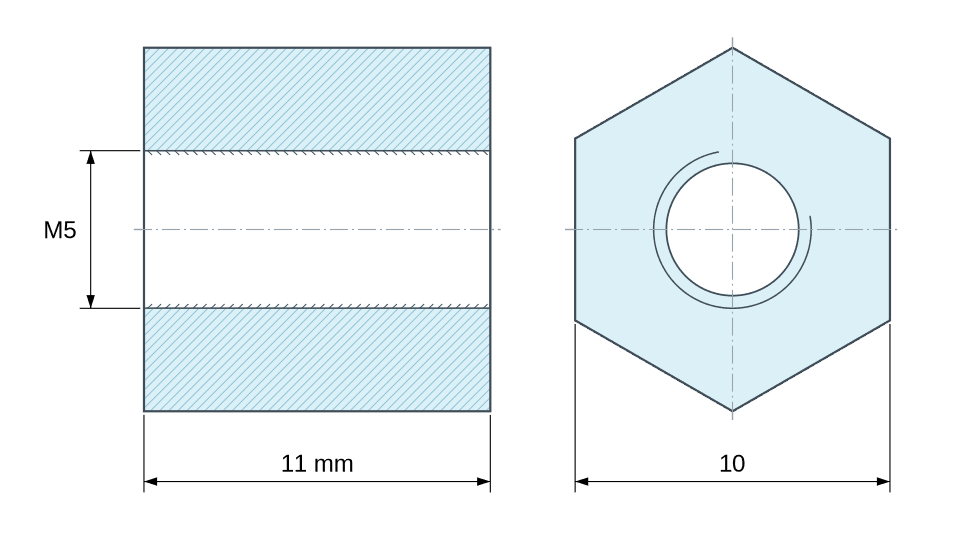 Plan coté Entretoise hexagonale filetée femelle/femelle plastique polyamide PA6 renforcé fibre de verre M5 - 10 mm sur plats