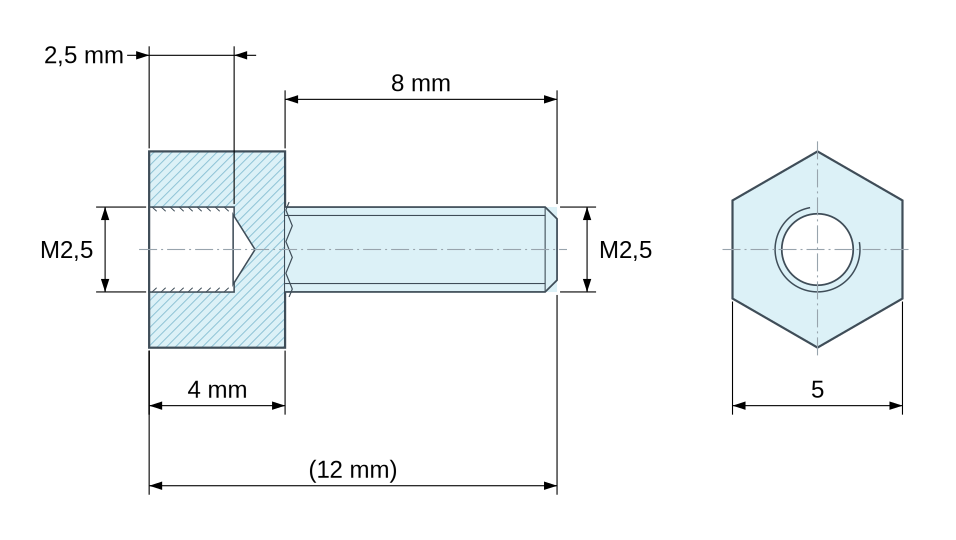 Plan coté Entretoise hexagonale filetée mâle/femelle plastique polyamide PA6.6 M2,5 - 5 mm sur plats Plan coté Entretoise hexagonale filetée mâle/femelle plastique polyamide PA6.6 M2,5 - 5 mm sur plats