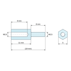 Plan coté 11 mm / 8 mm, Entretoise hexagonale filetée mâle/femelle plastique polyamide PA6.6 M2,5 - 5 mm sur plats